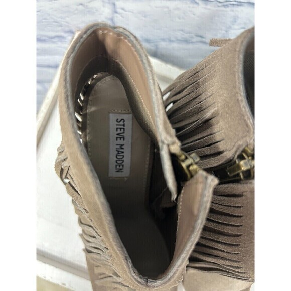 Steve Madden Women 7M Taupe Boot Suede Leather Zip Open Toe Fringe Heeled Bootie - Picture 9 of 12
